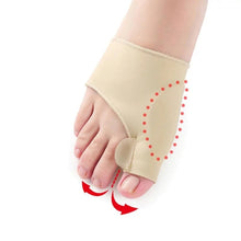 Load image into Gallery viewer, Bunion corrector toe splint on foot with red arrows indicating toe correction movement