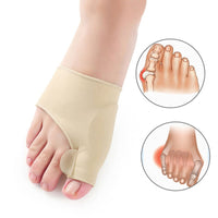 Beige bunion corrector worn on foot beside diagrams showing bunion joint pain