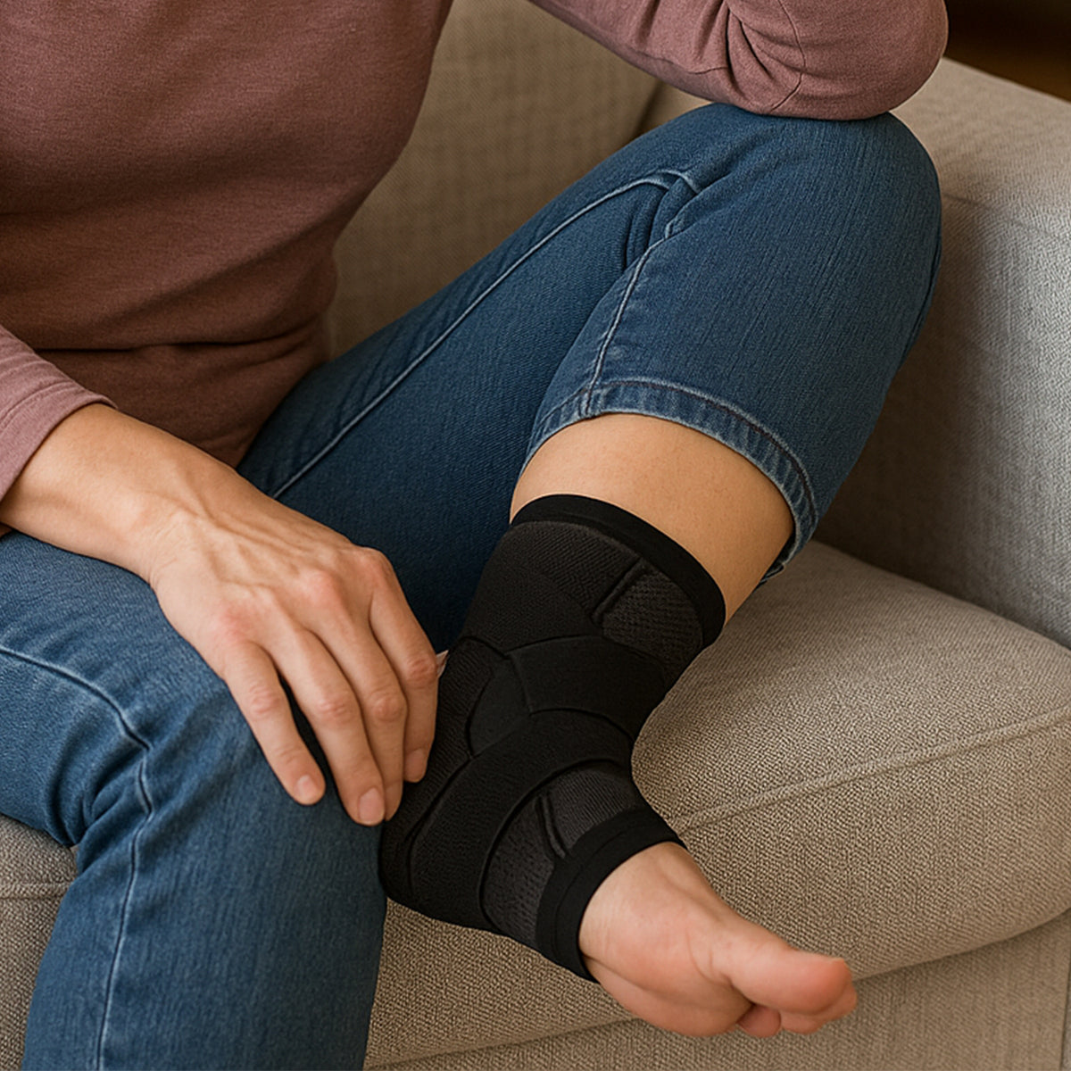 Person seated on sofa adjusting black Compression Ankle Sleeve on foot