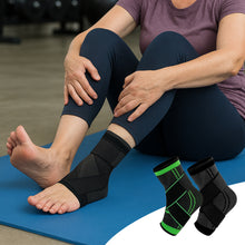 Load image into Gallery viewer, Person on gym mat wearing black Compression Ankle Sleeve, two colour variants inset