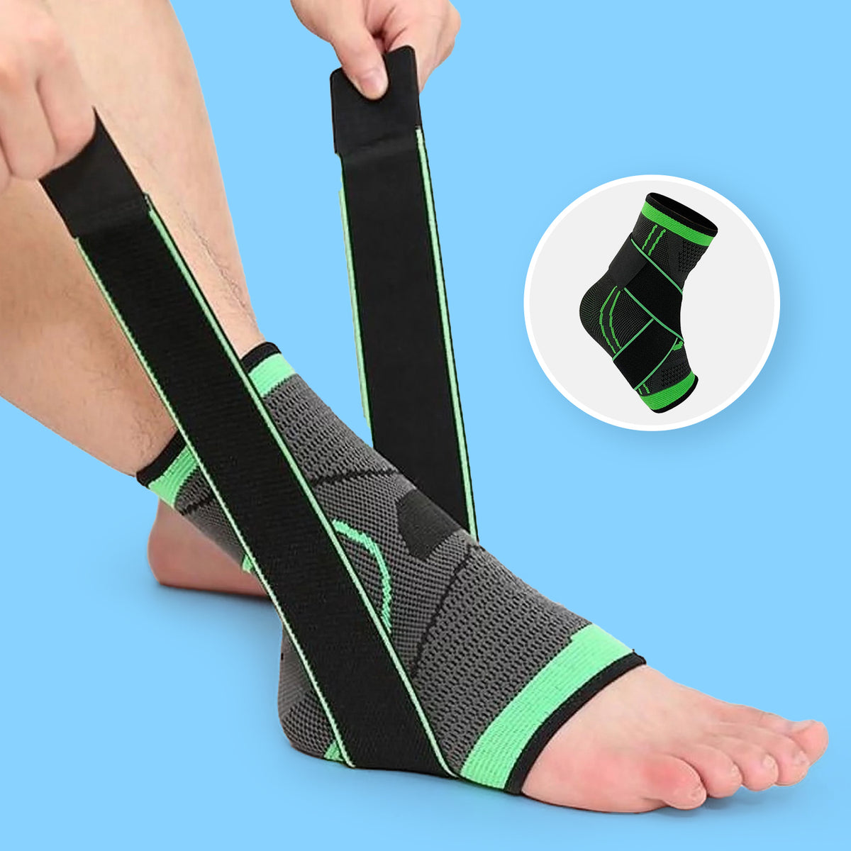 Hands applying green black Compression Ankle Sleeve with cross straps on ankle