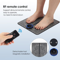 Infographic showing EMS Foot Massage Mat RF remote control, detachable magnetic host, and mat underside