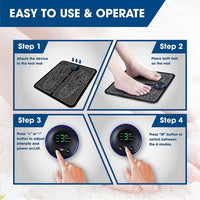 Four-step EMS Foot Massage Mat usage guide: attach device, place feet, adjust intensity, switch modes