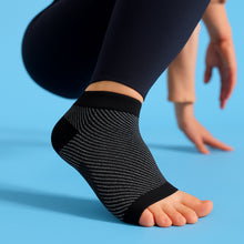 Load image into Gallery viewer, Black Foot & Ankle Sleeve Compression Sock close-up side view on blue background