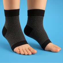 Load image into Gallery viewer, Black grey Foot & Ankle Sleeve Compression Socks pair front view on blue background