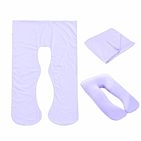 Pale lilac Full Body Pillow Case flat lay, folded and fitted views