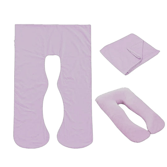Lilac Full Body Pillow Case flat lay, folded and fitted views