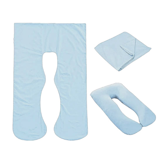 Sky blue Full Body Pillow Case flat lay, folded and fitted views