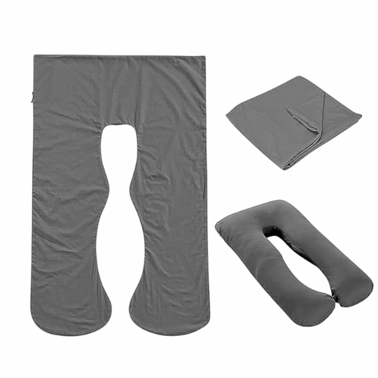Dark grey Full Body Pillow Case flat lay, folded and fitted views