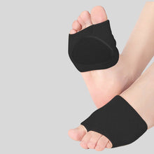 Load image into Gallery viewer, Black metatarsal pad sleeve shown on lifted foot sole and flat foot, displaying cushioned underside detail