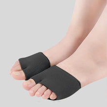 Load image into Gallery viewer, Black metatarsal pad sleeves worn on both feet, side angle showing open-toe elastic fit across the ball of the foot