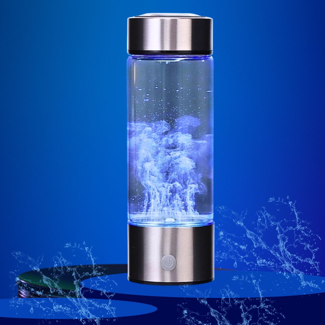 Hydrogen Water Bottle Generator glowing blue on dark background with water splashes