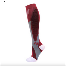Load image into Gallery viewer, Single red grey LegEase Compression Sock side profile on white background