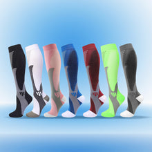 Load image into Gallery viewer, LegEase Compression Socks in seven colours on blue background
