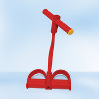 Red Multifunction Resistance Band with T-bar handle and double foot pedal base, angled front view