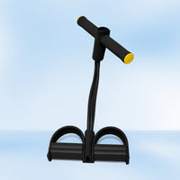 Black Multifunction Resistance Band with yellow-tipped T-bar handle and double foot pedal base on light blue background