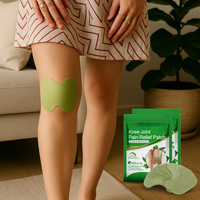 Green Natural Herbal Knee Patch on woman's knee beside two green product pouches