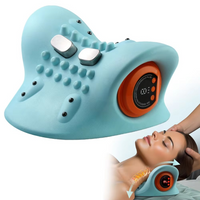 Neck and Shoulder Relaxer close-up showing acupressure nodes and EMS control dial, with woman using device below