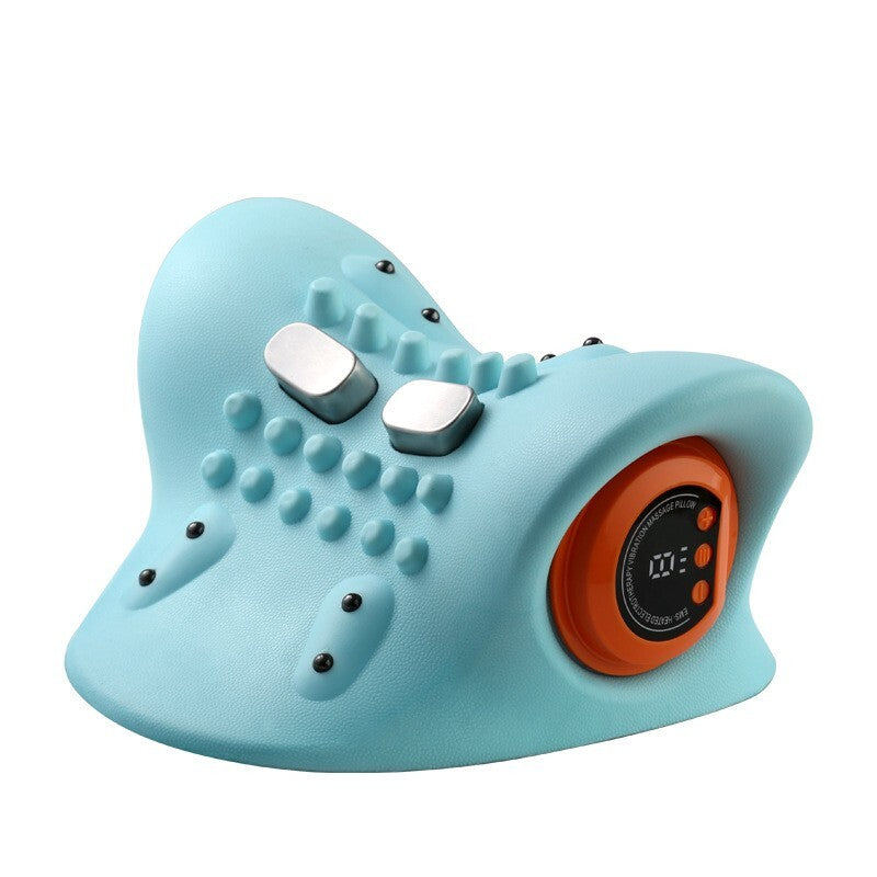 Light blue Neck and Shoulder Relaxer with orange digital control panel and massage nodes, angled front view