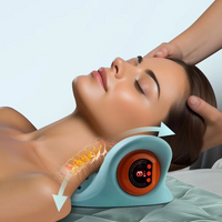 Woman lying down with neck resting on light blue massage pillow, illustrated cervical spine traction effect shown