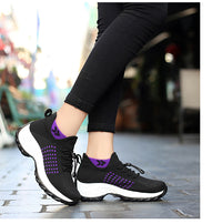 Black purple women's orthopaedic comfort shoe side profile on street