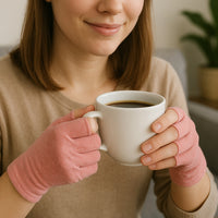 Woman wearing pink Therapeutic Heat Gloves holding white coffee cup