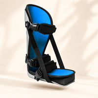 Plantar Fasciitis Foot Support Brace with blue padding, black straps and grey shell, angled side view