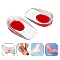 Pair of red gel Comfort Heel Cups above four panel infographic showing heel pain conditions and relief