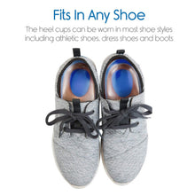 Load image into Gallery viewer, Fits In Any Shoe text above two grey sneakers showing gel heel cups fitted inside