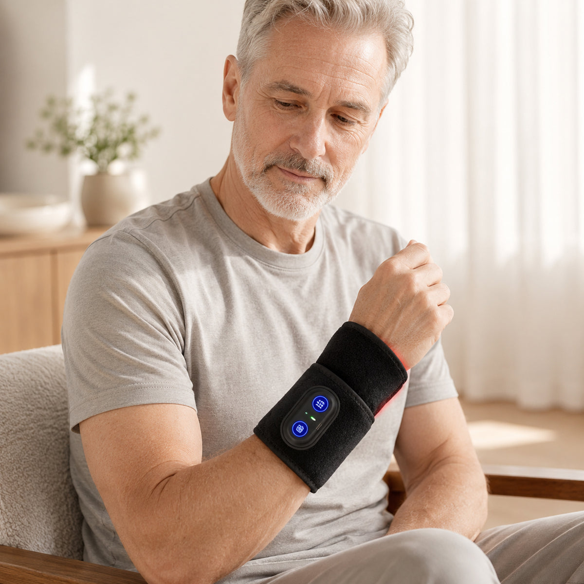Older man seated at home looking at a red light heat therapy wrist wrap on his forearm