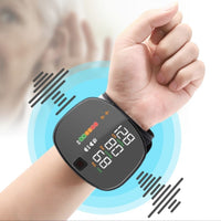 Wrist blood pressure monitor worn on raised fist displaying SYS, DIA and pulse readings with sound wave graphics