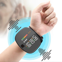 Load image into Gallery viewer, Wrist blood pressure monitor worn on raised fist displaying SYS, DIA and pulse readings with sound wave graphics