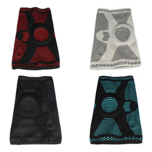 Load image into Gallery viewer, Four flat-lay knee braces in red, grey, black and teal colour variants showing interior silicone pad detail
