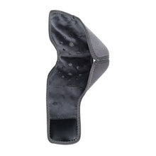 Load image into Gallery viewer, Interior of ankle heating wrap laid flat, showing black heating pad with ventilation holes and velcro strap