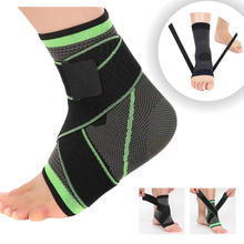 Load image into Gallery viewer, Green black Compression Ankle Sleeve close-up with three application inset images
