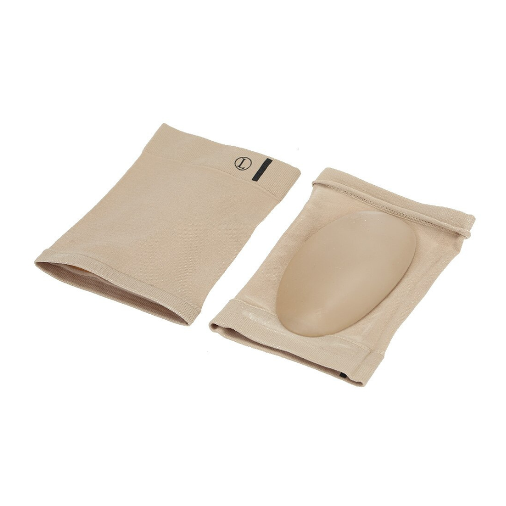 Two beige Foot Arch Support Sleeves angled view one showing internal oval gel pad