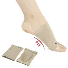 Load image into Gallery viewer, Beige Foot Arch Support Sleeve on foot with product pair and arch lift arrow graphic