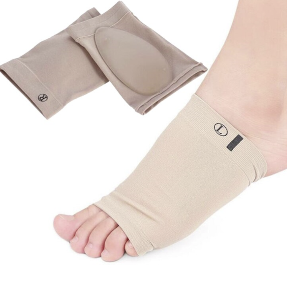Beige Foot Arch Support Sleeve worn on foot with inset showing internal gel pad