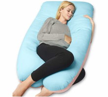 Load image into Gallery viewer, Woman sleeping against light blue and pink Full Body Pillow, white background