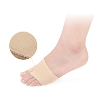 Beige metatarsal pad sleeve worn on foot side profile with close-up inset showing knitted fabric texture