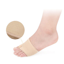 Load image into Gallery viewer, Beige metatarsal pad sleeve worn on foot side profile with close-up inset showing knitted fabric texture