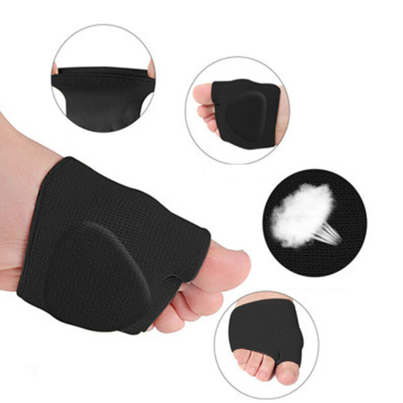 Black metatarsal pad sleeve held in hand with close-up insets highlighting open-toe design, gel cushion, and breathable fabric