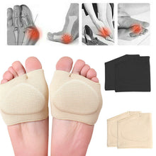 Load image into Gallery viewer, Beige metatarsal pad sleeves worn on both feet with inset diagrams showing bunion, foot pain, and available colour variants