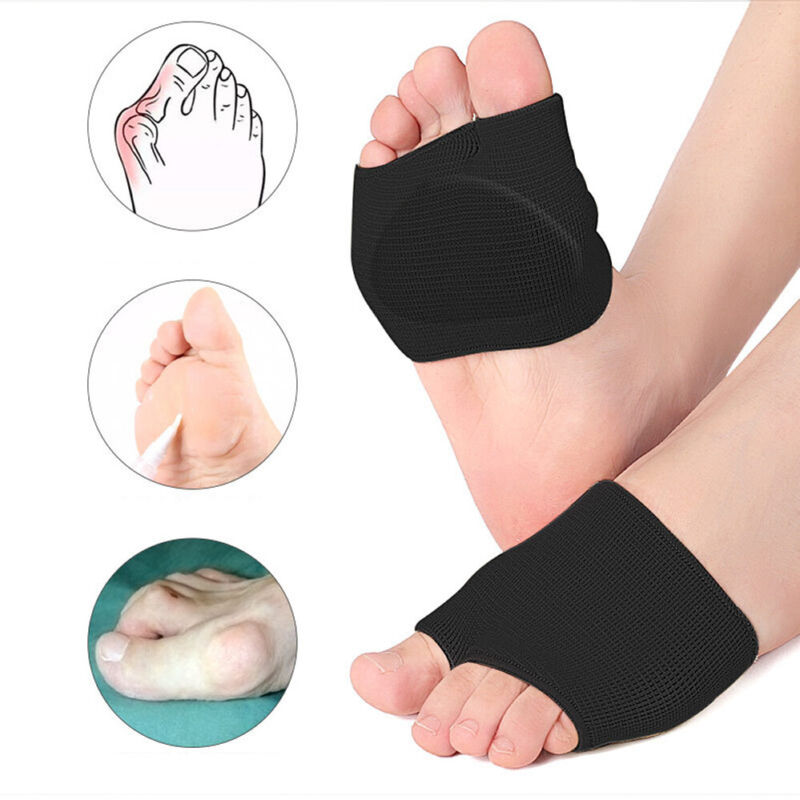 Black metatarsal pad sleeves on feet with inset diagrams showing bunion and ball-of-foot pain conditions they address