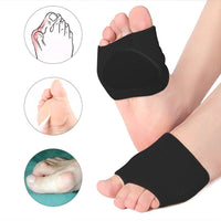 Black metatarsal pad sleeves on feet with inset diagrams showing bunion and ball-of-foot pain conditions they address