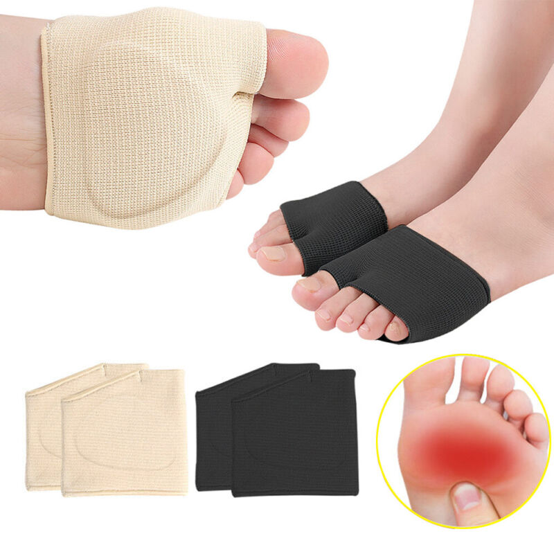 Beige and black metatarsal pad sleeves shown worn on feet and flat, with inset highlighting ball-of-foot pain relief area