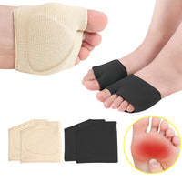 Beige and black metatarsal pad sleeves shown worn on feet and flat, with inset highlighting ball-of-foot pain relief area