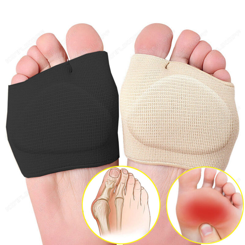 Black and beige metatarsal pad sleeves side by side on a foot sole, with inset diagrams of bunion and foot pain