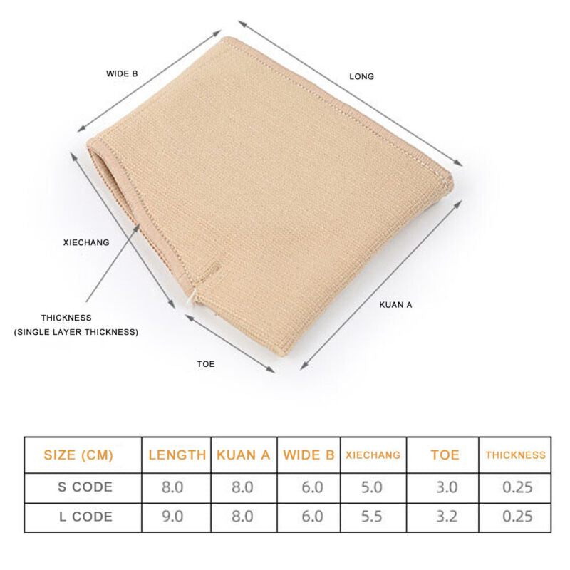 Beige metatarsal pad sleeve dimension diagram showing length, width, and thickness measurements for S and L sizes