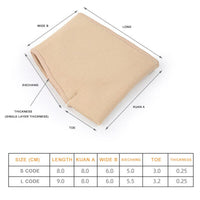 Beige metatarsal pad sleeve dimension diagram showing length, width, and thickness measurements for S and L sizes